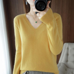 1 tk naiste kampsun, kootud ka&scaron;miirist V-kaelusega alumine s&auml;rk Pullover avar s&uuml;gisene džemprid pikkade varrukatega S kollane