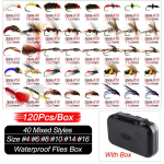24-120 tk. K&auml;rbsep&uuml;&uuml;gi k&auml;rbeste komplekt Kuivad m&auml;rjad k&auml;rbsed P&uuml;&uuml;gilant Kunstlik n&uuml;mf s&ouml;&ouml;t Forell Bass Blue Gill Fly Combo Peibutis 120Pcs/Box(40 Mixed Styles)