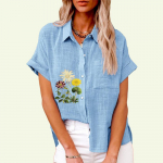 Moodne rev&auml;&auml;rkraega s&auml;rk naistele Suvise ja s&uuml;gise lilleprinteriga topp taskuga lahtiste l&uuml;hikeste varrukatega T-s&auml;rk Naiste vabaaja linased pluusid S