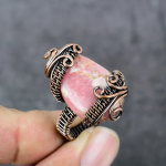 Natural Rhodochrosite Gemstone Copper Wire Wrap Gift Jewelry Ring Size 8.5 g1u28