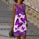 Naiste V-kaelusega suvine lilla s&auml;delev liblikastr&uuml;kiga kleit vabaaja varrukateta mood vabaaja vabad seksikad kleidid, suur suurus XS-8XL XS lilla