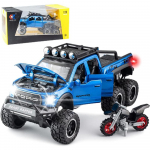 1/24 m&otilde;&otilde;tmetega m&auml;nguautod, veoauto m&auml;nguasi, heli ja valgusega Ford F150 metallist pikap, 6x6 maastikurattaga mootorrattaga veoautod lastele 1/24-Size:21.5*8.5*8.5cm sinine