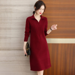 S&uuml;gis ja talv A Line kootud kampsun kleit Naiste mood Elegantne pikkade varrukatega kleit Soliidne rev&auml;&auml;riga pullover vabaaja kleidid Naiste riided 1318 One Size punane
