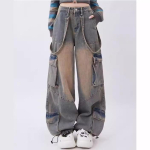 Naiste sinised &uuml;lisuured cargo teksap&uuml;ksid Harajuku vintage kotakad Y2k teksap&uuml;ksid esteetilised laiad teksap&uuml;ksid r&auml;pased riided XS sinine