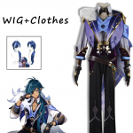 Kaeya Cosplay Kost&uuml;&uuml;m Kaeya Uniform Parukas Riided Saapad Kingad T&auml;ielik komplekt Halloween Party Cosplay Parukad Comic Con L-(Costume+Wig)