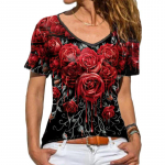 Spring Summer Short Sleeved Round Neck Casual Rose Printed T-shirt Women's Top S hall v&auml;rv