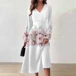 Naiste s&uuml;gis- ja talvine vabaajamoe V-kaelusega pikkade varrukatega lillemustriga pikk kleit S oranž