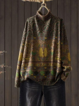 Johnature Vintage Style Print Mock kaelus, vaba vabaaja kampsun, naine, talvemood, pikkade varrukatega Hiina stiilis kampsun One Size kohv