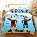M&auml;ngu Cuphead Mugman Voodipesukomplekt Multikas Anime kolmeosaline komplekt T&auml;iskasvanu Laps Magamistuba Tekikoti komplektid 3D Kawaii kaheinimesevoodi 70x133cm 2pcs black