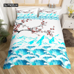 Jaapani kraanade voodipesukomplekt Sea Wave voodipesu komplekt Full King mikrofiibrist Ukiyoe etniline Fuji Mountain Cherry Blossoms tekikott EU single(135x200cm) white