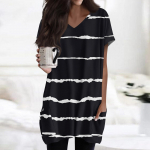 Naiste topid V-kaelusega l&uuml;hikeste varrukatega pluusid vabaaja keskmise pikkusega s&auml;rgid Moodsad tr&uuml;kised taskutega tuunikatopid L must