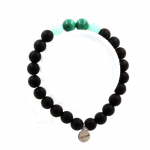 Pierres et Min&eacute;raux. Bracelet Perles Malachite du Congo + Amazonite + Onyx noir mat 8 mm. Fabriqu&eacute; en France.
