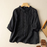 Seitsme veerandvarrukaga tikitud puuvillane linane s&auml;rk Naiste kunstiline retrodisain sense top kevadsuvise s&auml;rgi jaoks 2XL must