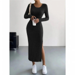 Mood S&uuml;gis &Uuml;hev&auml;rviline Elegantne Kootud Naiste Pikk Kleit Talvine Pikkade Varrukatega Kampsunkleidid O-kaelusega Slim Seksikas Klubi Kleit XS must