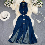 &Otilde;&otilde;renenud rev&auml;&auml;r Naiste Teksad Kleidid Seksikas p&uuml;stine krae metallist n&ouml;&ouml;biga lahtise v&ouml;&ouml;kohaga varrukateta, kevadine s&uuml;gisene naiste teksakleit S sinine