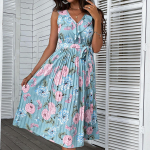 Naiste vintage Bohemia suve kevadised lilleprintidega vabaajakleidid varrukateta V-kaelusega k&otilde;rge v&ouml;&ouml;kohaga S sinine