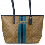 Used COACH Tote Bag F38405 Varsity Stripes Signature leather/PVC coated canvas khaki Navy Shoulder