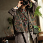 Johnature Vintage Naiste Mantlid V-kaelusega Varrukateta Tr&uuml;kitud Lilleline Nuppude Patchwork Taskutega S&uuml;gismantlid One Size roheline
