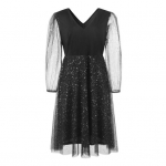 Suures suuruses t&auml;pimustriga &otilde;htukleit, kahekihiline &auml;&auml;risv&otilde;rk, varrukatega, &otilde;huke V-kaelusega A-line V-kaelusega balli pidulik midikleit XXL