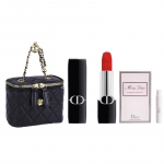 DIOR huulepulk 999 sametine ametlik riietus + Lilleline Sweetheart naiste kerge parf&uuml;&uuml;m proovipudel + miniristkorra kott sinine