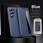 K&otilde;rge kvaliteediga &auml;ri nahast &uuml;mbris Samsung Galaxy S26 Ultra S25 S24 S23 S22 Plus S25FE Edge Flip Smart Display l&auml;bipaistva akna kattega Galaxy S22 5G sinine