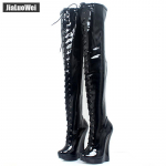 18 cm &Auml;&auml;rmiselt k&otilde;rge kontsaga saapad platvormiga PU-nahast pits-t&otilde;mblukuga Seksikad t&otilde;mblukuga reie jalgevahega saapad 39 must