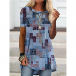 Naiste mood lilleline graafiline tr&uuml;kitud l&uuml;hikeste varrukatega vabaaja tuunika lahtine suures suuruses O-kaelusega pluus S sinine