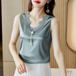 Varrukateta satiinpluus Suvine tutipluus Naiste vest V-kaelusega soliidne naiste siidist satiinist V-kaelusega varrukateta naiste topp, elegantne 19135 M