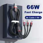 VAORLO 1.8M 3 IN 1 laadimiskaabel 6A 66W kiirlaadimine Type-C Micro IOS vedrukaabli jaoks 480Mbps andmeedastus Android iPhone'i jaoks 1.2M must