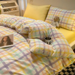 P&otilde;hjala stiilis Jaapani stiilis tr&uuml;kita ruuduline neljaosaline voodilina ja tekikott pestud puuvillast harjatud kolmeosaline komplekt 1.2m bed sheet 3pcs