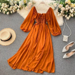 &Scaron;ikk elegantne kandiline krae maksikleit naiste massiivne &scaron;ifoonist puhvis varrukatega kleidid korea vintage volangidega Vestidos One Size oranž