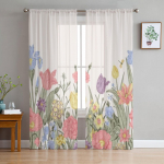 Kevadlilled L&auml;bipaistvad kardinad elutoaakna jaoks L&auml;bipaistev Voile T&uuml;llkardin Magamistoa kardinad Kodukaunistus 135W x 114H(cm)