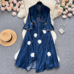 Retro Uus S&uuml;gis &Uuml;herealine Denim Midi Kleit Vintage Naiste P&uuml;stkrae Tikand Lilled Taskud Pluusivarrukas Naiste Kleit M sinine