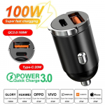 Mini 100 W USB autolaadija PD autolaadija kiirlaadimine autotelefoni laadija PD+QC3.0 100W must