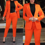 Komplektid Naistele Kaks osa S&uuml;gismood s&auml;lguga kaelusega pikkade varrukatega bleiser Elegantne k&otilde;rge v&ouml;&ouml;kohaga t&ouml;&ouml;p&uuml;kste komplekt kontorinaise S oranž