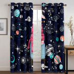 3D Laste Multifilmi Astronautid Kosmoses T&auml;ht Universum Laste 2-osaline Varjutav Aknavineer Elutoa Magamistoa Kaunistus 100W130H(CM)40x51in&Hook blue