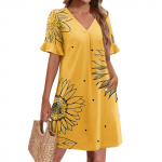 Suvekleidid naistele V-kaelusega volangidega l&uuml;hikeste varrukatega vabaaja lahtine tr&uuml;kimustriga kleit rannakleit taskutega M kollane