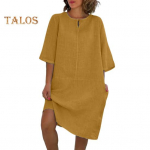 Naiste lahtine puuvillasegu linane s&auml;rk-kleit vabaaja 1/2 varrukaga &uuml;mara kaelusega midikleit suvine puhkus rannakleit S veinipunane v&auml;rv