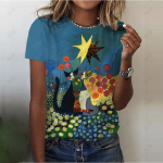 Suvised &uuml;mara kaelusega 3D kassipildiga pluusid, moodsad vabaaja l&uuml;hikeste varrukatega naiste T-s&auml;rgid XS