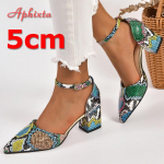 Aphixta 5cm Ruudukujulise Kontsaga Suvised Ankelrihmaga Terava Ninaga Sandaalid Naistele Madu Muster Roheline Nahk Avatud Kingad Pimp Suur Suurus 46 37
