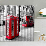 Londoni Arhitektuur T&auml;navavaade Du&scaron;ikardinad Armastajad Big Ben Punane Telefonikabiin Sild Veekindel Kangas Vannitoa Dekoor Curta 90x180cm