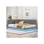 Lit rembourr&eacute; Canap&eacute;-lit 140*200 Lit multifonctionnel avec barre lumineuse LED, prise USB et sommier &agrave; lattes