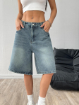 Naiste Keskmise V&ouml;&ouml;kohaga L&otilde;dvad Laia S&auml;&auml;rega Denim Bermuda L&uuml;hikesed P&uuml;ksid Vintage Pesuga Viiepunktilised teksap&uuml;ksid L&uuml;hikesed P&uuml;ksid Vabaaja Suvine T&auml;navastiil P&otilde;lvepikkusega L&uuml;hikesed P&uuml;ksid XS sinine