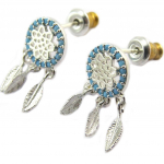 7bis [P3909] - Boucles artisanales 'Boho' (dreamcatcher) turquoise argent&eacute; - 17x8 mm t&uuml;rkiissinine