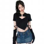 Girl Metal Button Cutout T-Shirt Sexy Triangle Triangle Cropped Navel Tie Sleeve Long Sleeve Top S