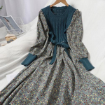 Lillelised velvetist naiste kleidid Vintage kootud lapiga Vestidos Sweet Korean pikk kleit A-joon S sinine