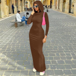 Kapuutsiga pikkade varrukatega Bodycon Maxi Kleit Moodne Tihe vabaaja T-s&auml;rk Kleit S&uuml;gistalvine Pikk Kleit Must Hall M pruun