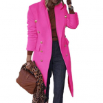 Naiste s&uuml;gistalv p&otilde;lvepikkus villane mantel rev&auml;&auml;r, pikkade varrukatega kaherealised taskud &uuml;hev&auml;rvilised &uuml;ler&otilde;ivad t&auml;navar&otilde;ivad 4XL roosa