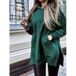 Naiste s&uuml;gis- ja talvine pullover, k&uuml;ljelt avanev disain, &uuml;hev&auml;rviline s&auml;rgitasku, jaotatud naiste kapuuts XS roheline