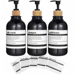 Du&scaron;iseebi dosaatorid 8 sildiga musta/merevaiguv&auml;rvi korduvt&auml;idetavad &scaron;ampoonipalsami pudelid 3 bambuspumbaga du&scaron;i dosaatorit